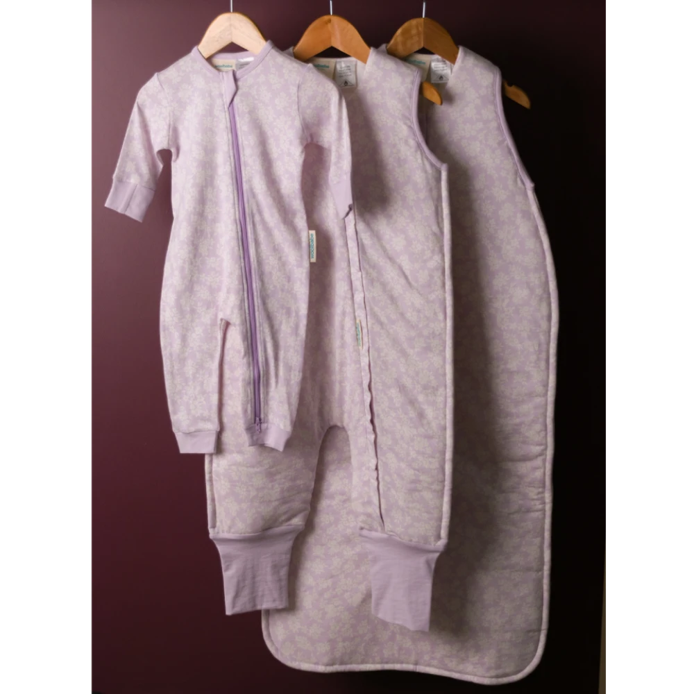 Woolbabe Duvet Merino/Organic Cotton Sleeping Suit - Mauve Manuka Size 1-4 years