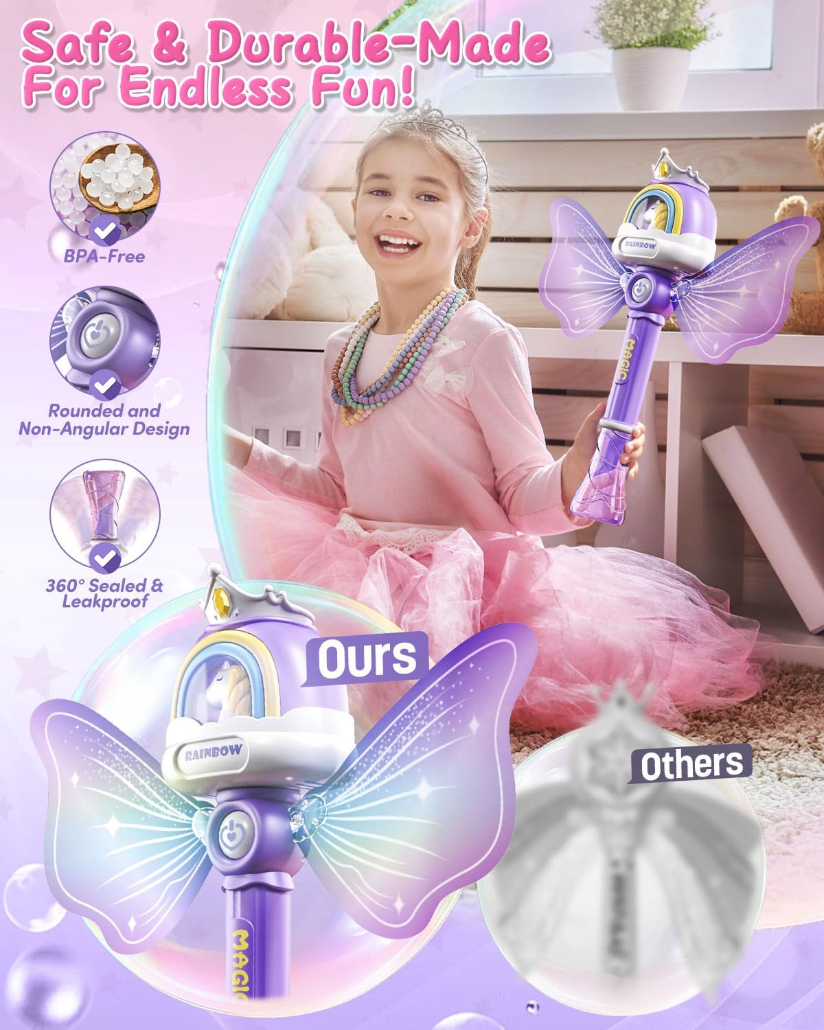 Bubble Wands for Girls, Kids Bubble Machine LED Light Princess Toys