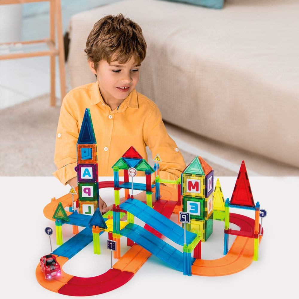 Giromag 126 Pcs Magnetic Tiles Building Blocks Racing Track Set