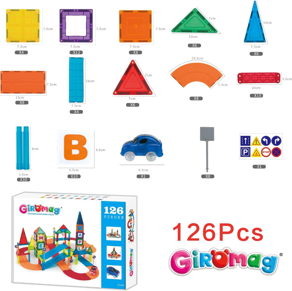 Giromag 126 Pcs Magnetic Tiles Building Blocks Racing Track Set