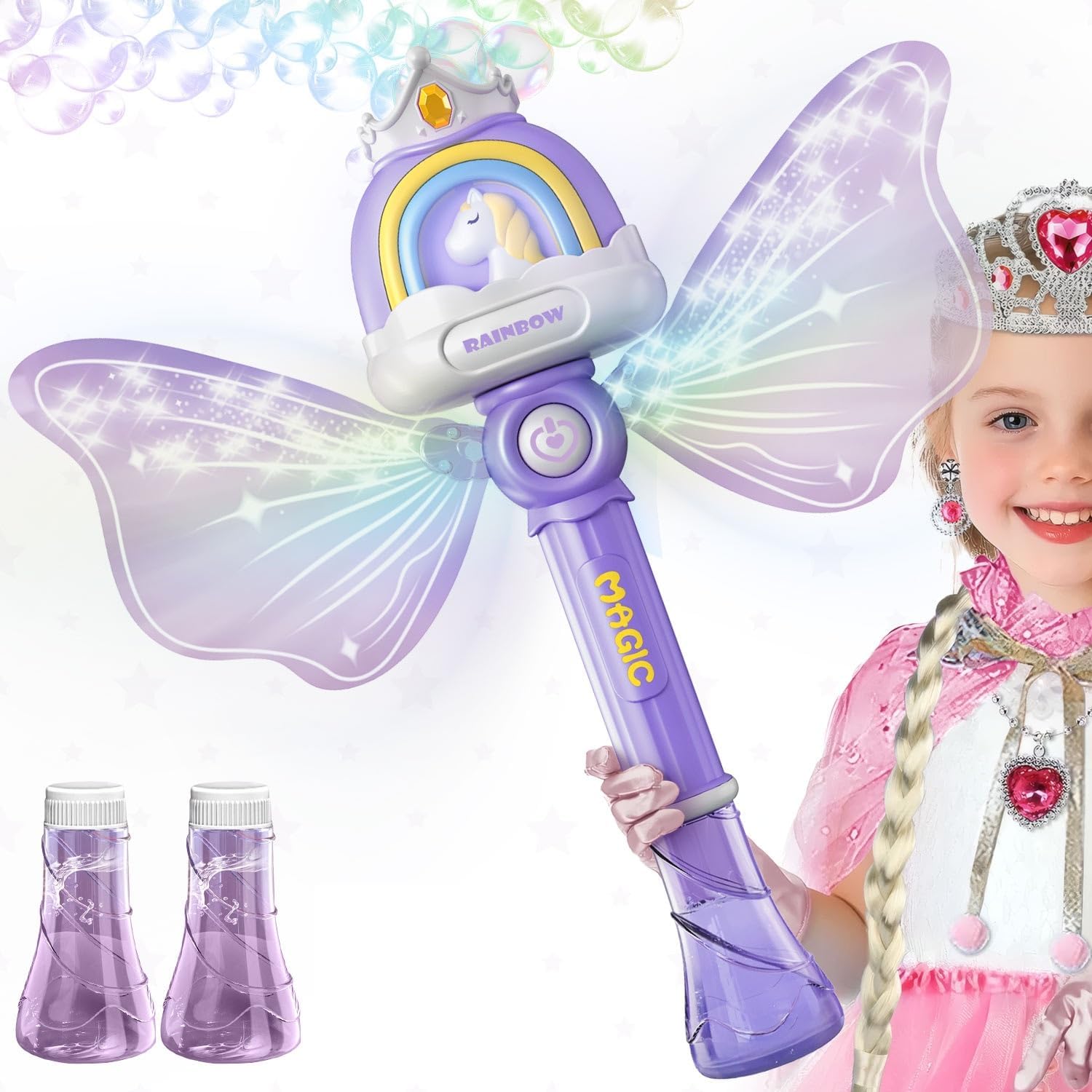 Bubble Wands for Girls, Kids Bubble Machine LED Light Princess Toys