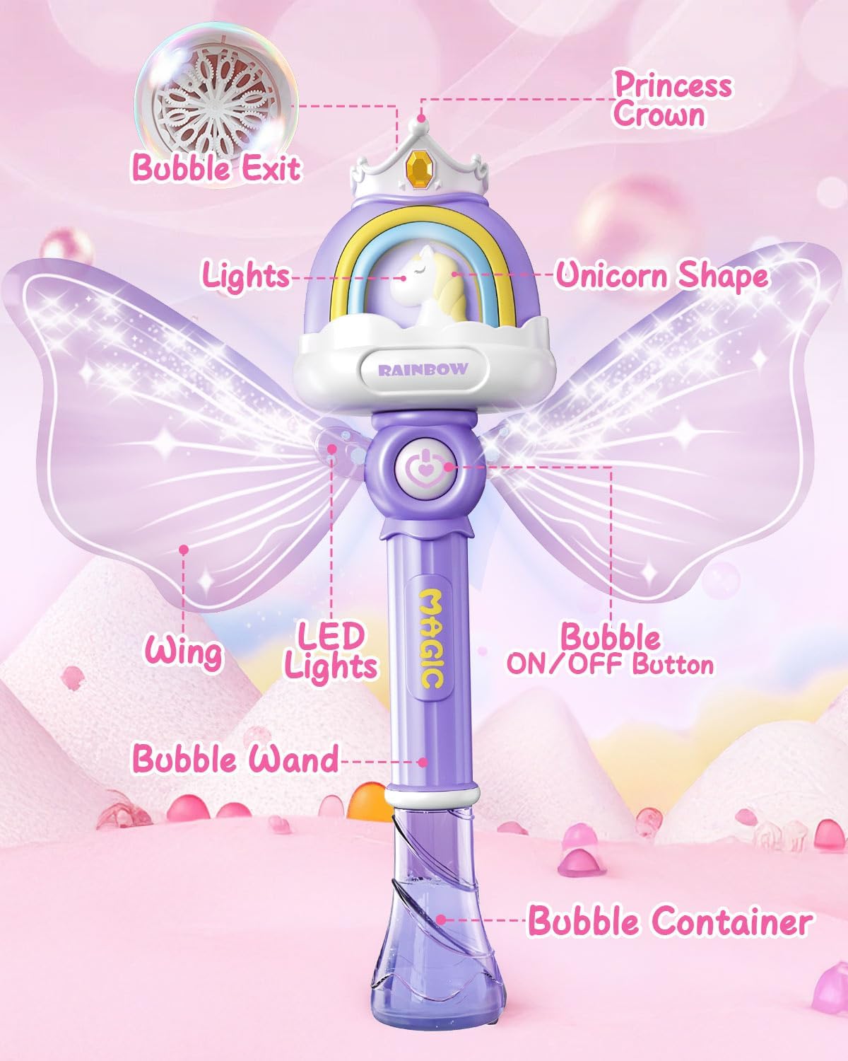Bubble Wands for Girls, Kids Bubble Machine LED Light Princess Toys
