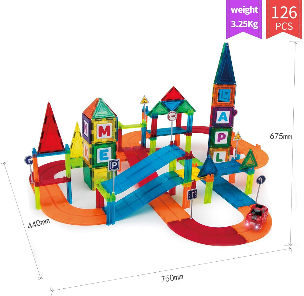 Giromag 126 Pcs Magnetic Tiles Building Blocks Racing Track Set