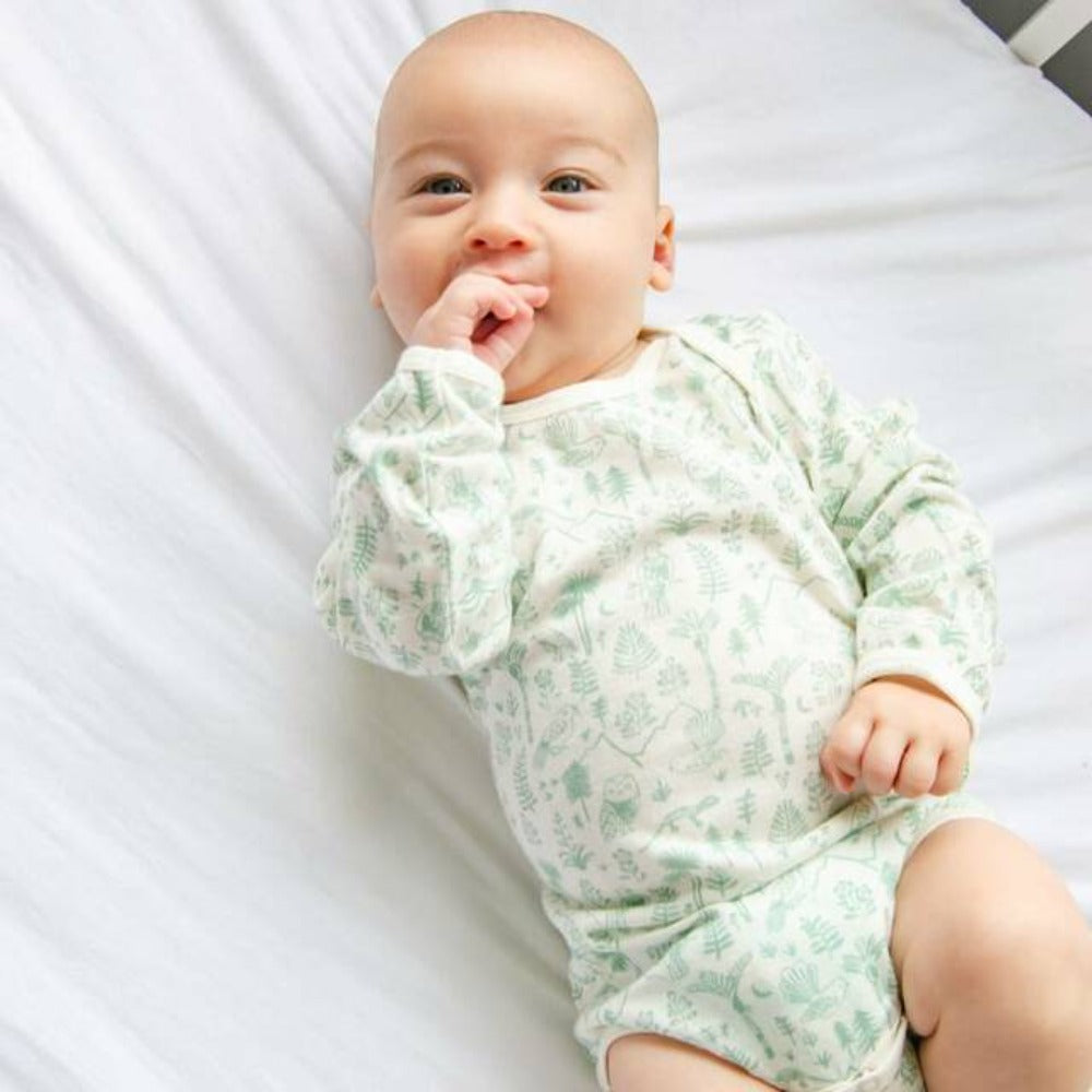 Woolbabe Merino/Organic Cotton Long Sleeve Bodysuit - Natural Moss Wilderness Size 0-1yr
