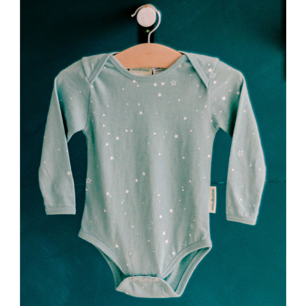 Woolbabe Merino/Organic Cotton Long Sleeve Bodysuit - Tide Stars