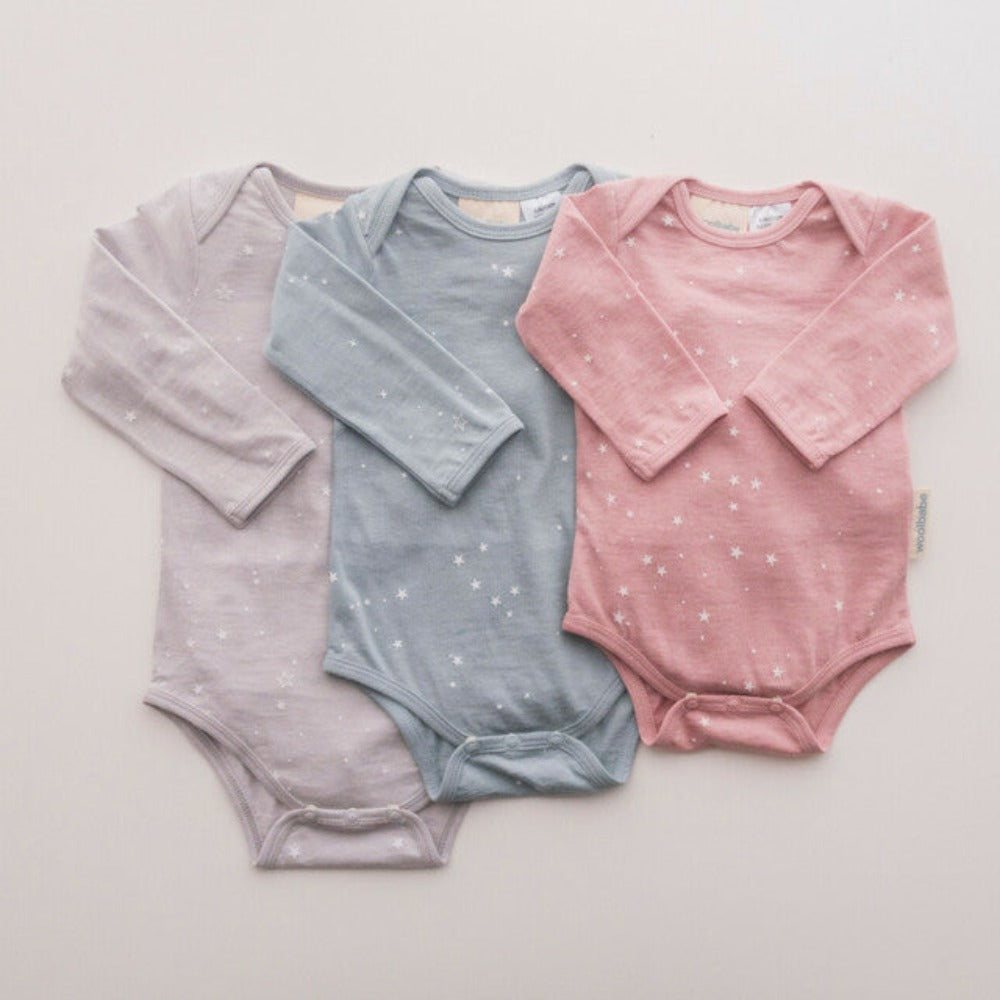 Woolbabe Merino/Organic Cotton Long Sleeve Bodysuit - Tide Stars