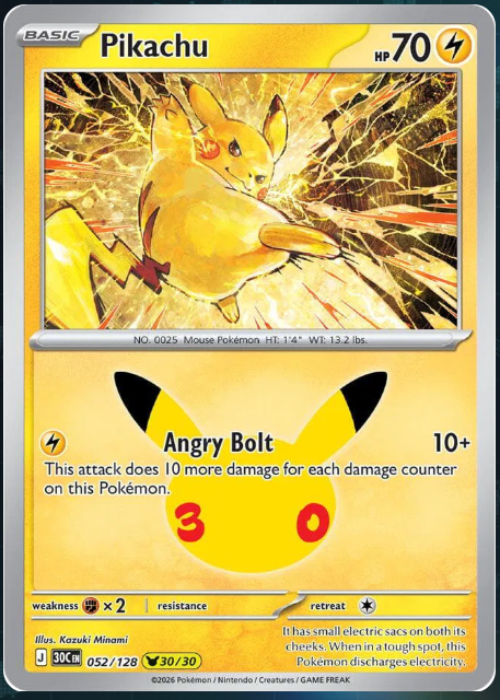 Pokemon Single Pikachu 30th Celebration Pikachu Rare 052/128