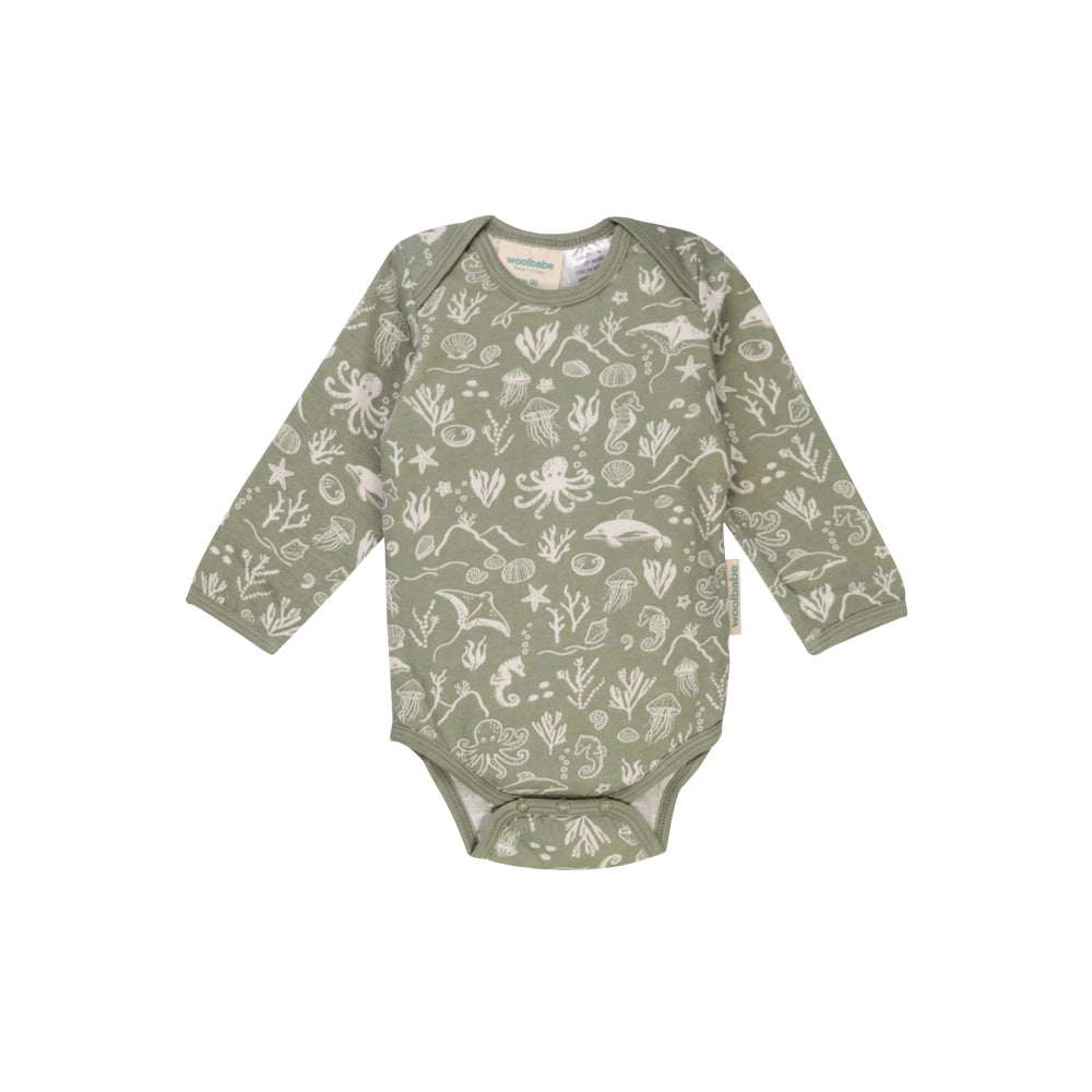 Woolbabe Merino/Organic Cotton Long Sleeve Bodysuit - Flax Seascape