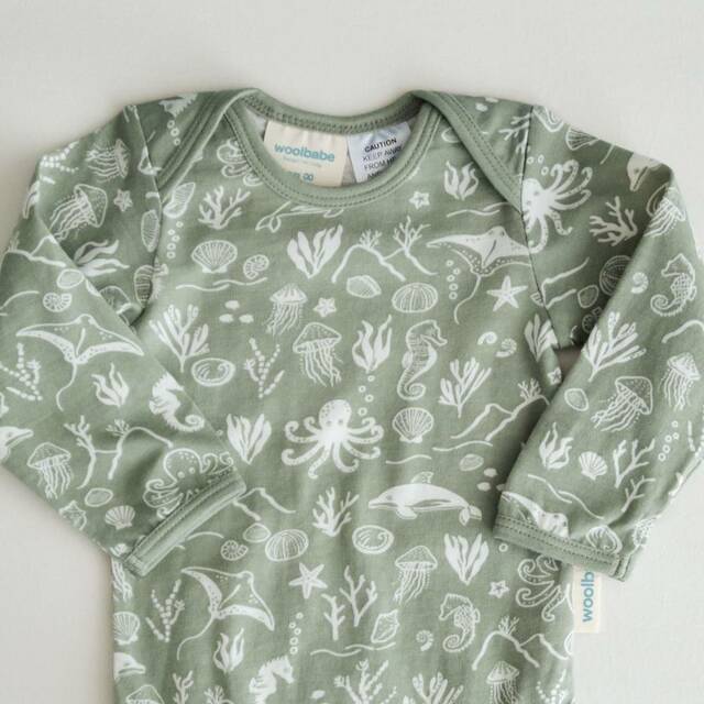 Woolbabe Merino/Organic Cotton Long Sleeve Bodysuit - Flax Seascape Size 0-1yr