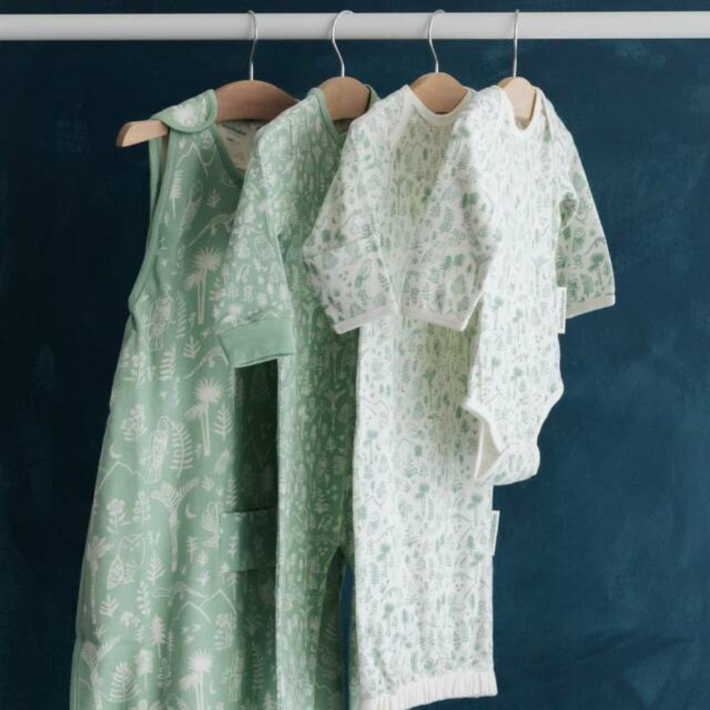 Woolbabe Merino/Organic Cotton Long Sleeve Bodysuit - Natural Moss Wilderness Size 0-1yr