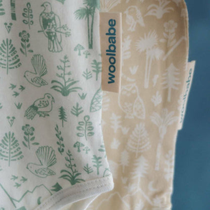 Woolbabe Merino/Organic Cotton Long Sleeve Bodysuit - Natural Moss Wilderness Size 0-1yr