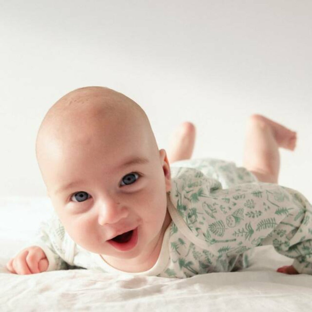 Woolbabe Merino/Organic Cotton Long Sleeve Bodysuit - Natural Moss Wilderness Size 0-1yr