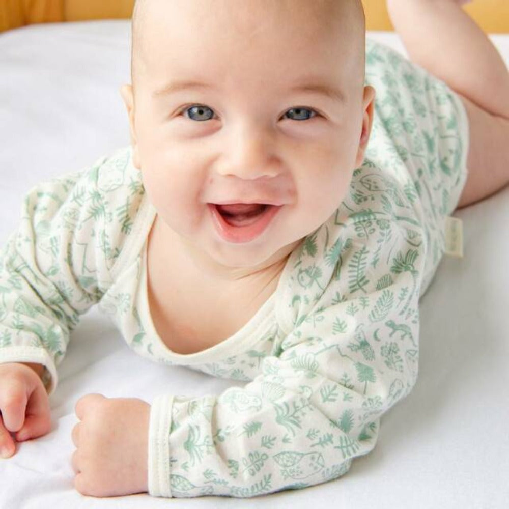 Woolbabe Merino/Organic Cotton Long Sleeve Bodysuit - Natural Moss Wilderness Size 0-1yr