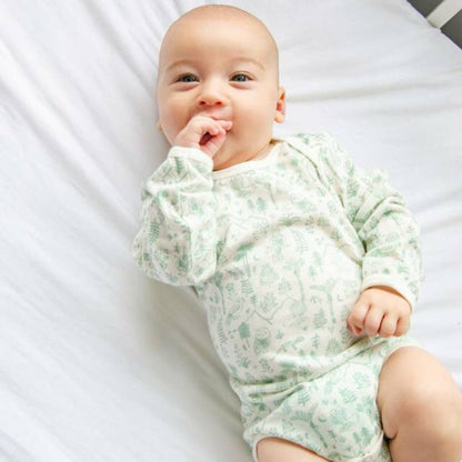 Woolbabe Merino/Organic Cotton Long Sleeve Bodysuit - Natural Moss Wilderness Size 0-1yr