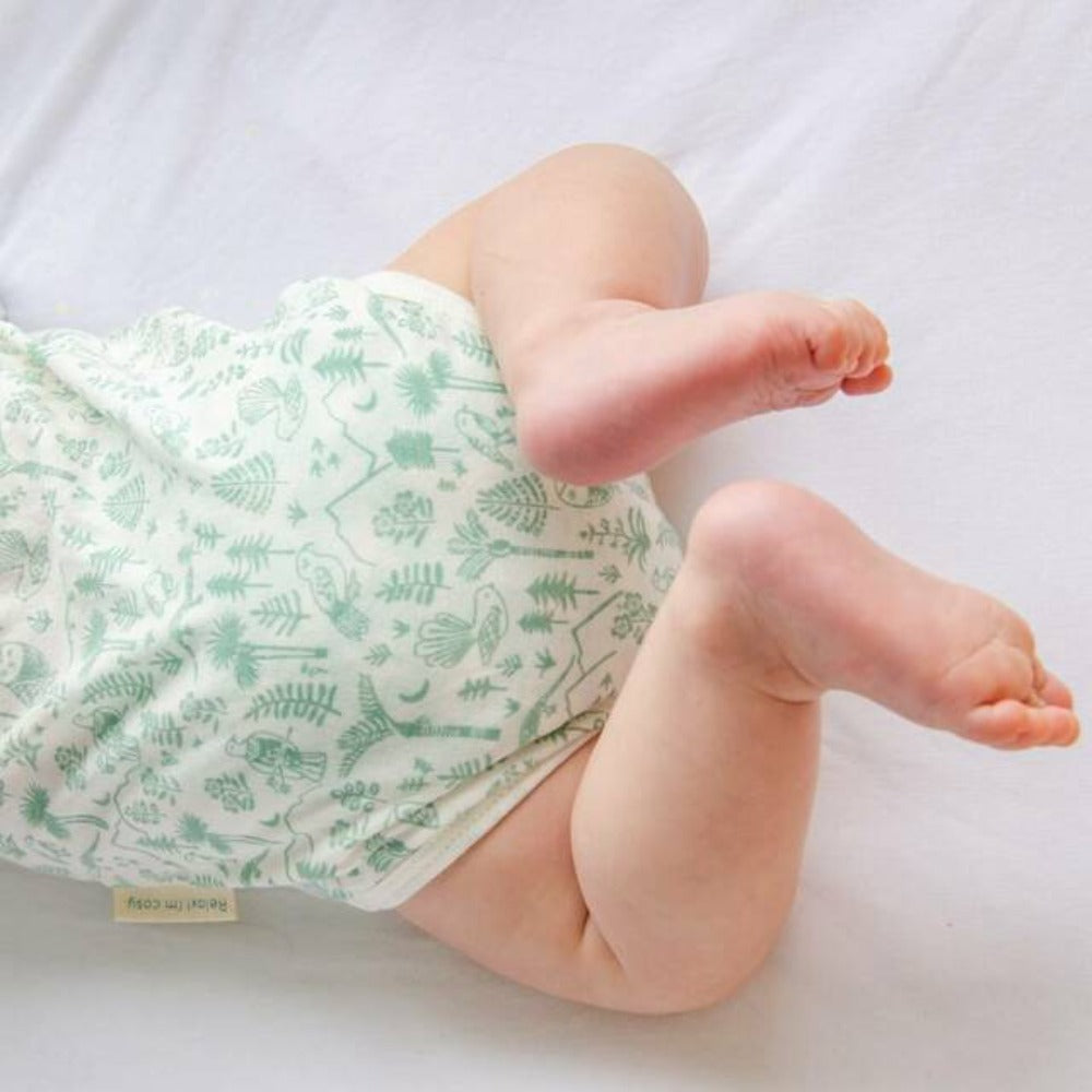 Woolbabe Merino/Organic Cotton Long Sleeve Bodysuit - Natural Moss Wilderness Size 0-1yr