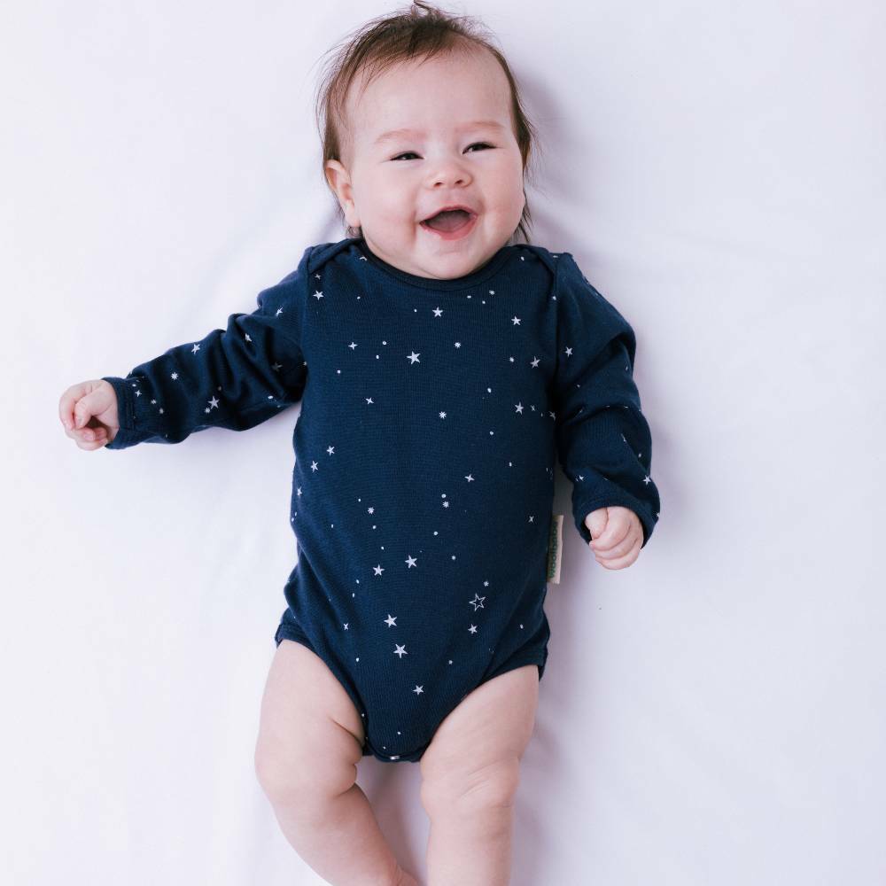 Woolbabe Merino/Organic Cotton Long Sleeve Bodysuit - Tekapo Stars Size 0-2yrs